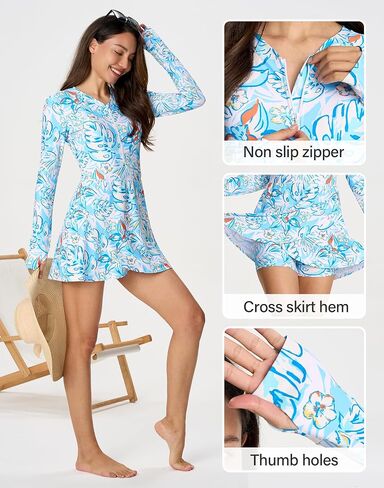 ملابس سباحة من قطعة واحدة للنساء من Rash Guard بدلة استحمام بأكمام طويلة مع تنانير للسيدات للسباحة بوركيني أكثر من 50 UPF 50+ in Saudi Arabia