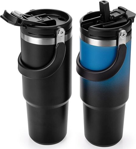 زجاجات مياه سعة 32 أونصة مع ماصة ومقبض كبير، عبوة من قطعتين، مجموعة زجاجات مياه معزولة، غطاء مزدوج الاستخدام، يناسب أي حامل أكواب في السيارة، من الفولاذ المقاوم للصدأ، مقاوم للتسرب لصالة الألعاب الرياضية أثناء السفر، أزرق وأسود متدرج in Kuwait