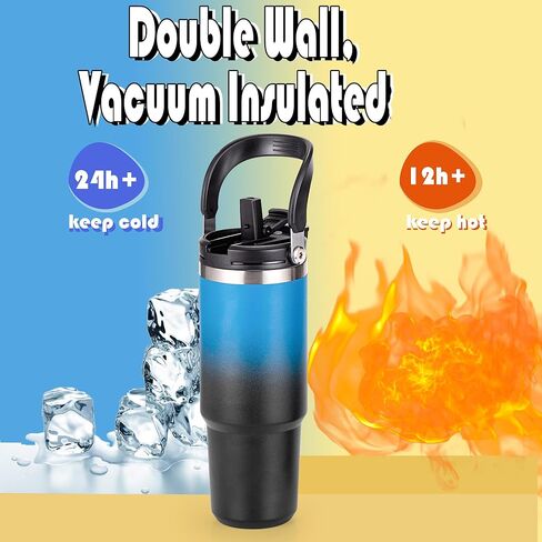 زجاجات مياه سعة 32 أونصة مع ماصة ومقبض كبير، عبوة من قطعتين، مجموعة زجاجات مياه معزولة، غطاء مزدوج الاستخدام، يناسب أي حامل أكواب في السيارة، من الفولاذ المقاوم للصدأ، مقاوم للتسرب لصالة الألعاب الرياضية أثناء السفر، أزرق وأسود متدرج in Kuwait