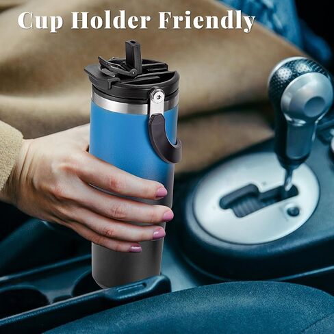 زجاجات مياه سعة 32 أونصة مع ماصة ومقبض كبير، عبوة من قطعتين، مجموعة زجاجات مياه معزولة، غطاء مزدوج الاستخدام، يناسب أي حامل أكواب في السيارة، من الفولاذ المقاوم للصدأ، مقاوم للتسرب لصالة الألعاب الرياضية أثناء السفر، أزرق وأسود متدرج in Kuwait