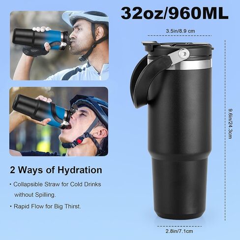 زجاجات مياه سعة 32 أونصة مع ماصة ومقبض كبير، عبوة من قطعتين، مجموعة زجاجات مياه معزولة، غطاء مزدوج الاستخدام، يناسب أي حامل أكواب في السيارة، من الفولاذ المقاوم للصدأ، مقاوم للتسرب لصالة الألعاب الرياضية أثناء السفر، أزرق وأسود متدرج in Kuwait
