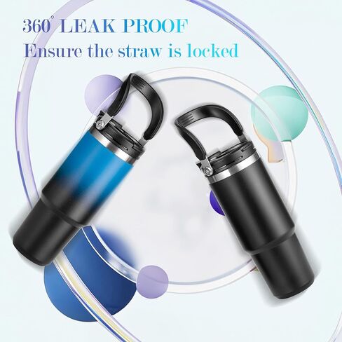 زجاجات مياه سعة 32 أونصة مع ماصة ومقبض كبير، عبوة من قطعتين، مجموعة زجاجات مياه معزولة، غطاء مزدوج الاستخدام، يناسب أي حامل أكواب في السيارة، من الفولاذ المقاوم للصدأ، مقاوم للتسرب لصالة الألعاب الرياضية أثناء السفر، أزرق وأسود متدرج in Kuwait