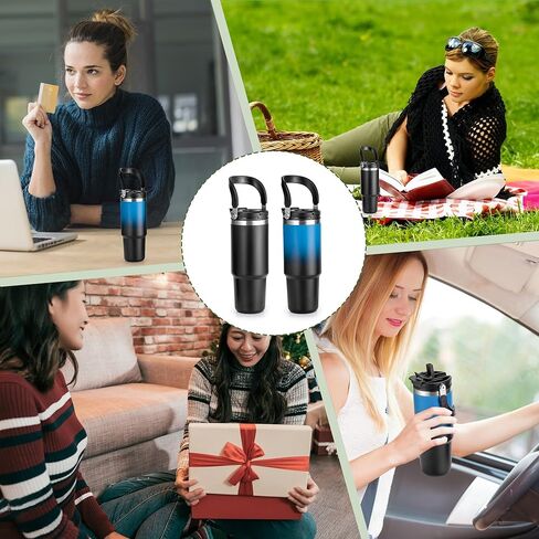 زجاجات مياه سعة 32 أونصة مع ماصة ومقبض كبير، عبوة من قطعتين، مجموعة زجاجات مياه معزولة، غطاء مزدوج الاستخدام، يناسب أي حامل أكواب في السيارة، من الفولاذ المقاوم للصدأ، مقاوم للتسرب لصالة الألعاب الرياضية أثناء السفر، أزرق وأسود متدرج in Kuwait