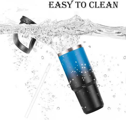زجاجات مياه سعة 32 أونصة مع ماصة ومقبض كبير، عبوة من قطعتين، مجموعة زجاجات مياه معزولة، غطاء مزدوج الاستخدام، يناسب أي حامل أكواب في السيارة، من الفولاذ المقاوم للصدأ، مقاوم للتسرب لصالة الألعاب الرياضية أثناء السفر، أزرق وأسود متدرج in Kuwait