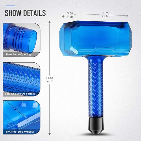 زجاجة مياه Thor Hammer - 1.7 لتر أسود - خالية من مادة BPA Mjolnir Sports Hydro Novelty هدية مرحة مانعة للتسرب، متينة، غير سامة، للياقة البدنية للبالغين في الهواء الطلق، 58oz (أزرق) in Kuwait