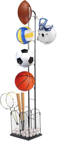Ball Storage Rack Garage Sports Equipment Organizer Freestanding Sport Equipment Storage, 4 Tiers Basketball Holder with Baskets and Hooks, Black in Kuwait