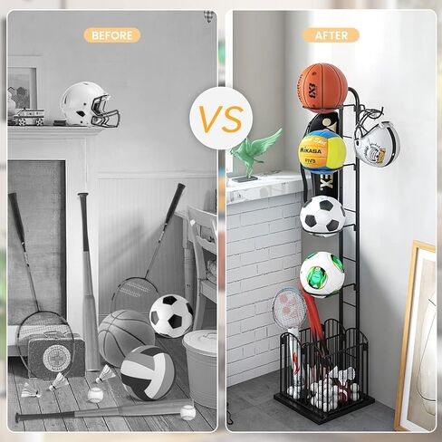 Ball Storage Rack Garage Sports Equipment Organizer Freestanding Sport Equipment Storage, 4 Tiers Basketball Holder with Baskets and Hooks, Black in Kuwait