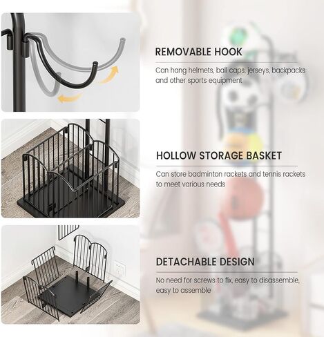 Ball Storage Rack Garage Sports Equipment Organizer Freestanding Sport Equipment Storage, 4 Tiers Basketball Holder with Baskets and Hooks, Black in Kuwait