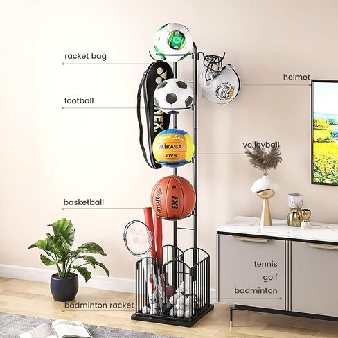 Ball Storage Rack Garage Sports Equipment Organizer Freestanding Sport Equipment Storage, 4 Tiers Basketball Holder with Baskets and Hooks, Black in Kuwait