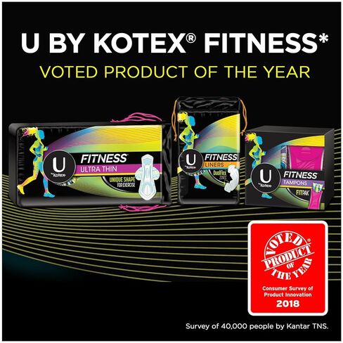 فوط U من Kotex Fitness فائقة النحافة بالأجنحة، امتصاص عادي، فوط خالية من العطور، 15 قطعة in Kuwait