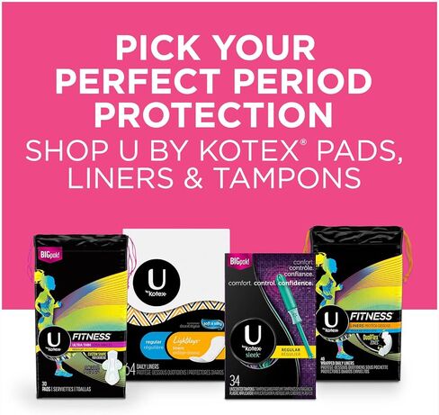 فوط U من Kotex Fitness فائقة النحافة بالأجنحة، امتصاص عادي، فوط خالية من العطور، 15 قطعة in Kuwait