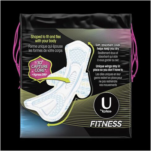 فوط U من Kotex Fitness فائقة النحافة بالأجنحة، امتصاص عادي، فوط خالية من العطور، 15 قطعة in Kuwait