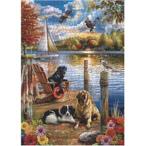 Autumn Lake Puzzles for Adults 1000 Pieces, Fall Funny Dogs Jigsaw Puzzles, Cute Animals Golden Retriever Labrador Bird Flower Holiday Puzzle