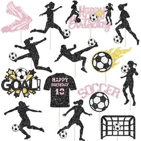 Soccer Party Cupcake Toppers for Girls Soccer Birthday Party Decorations 24pcs Glitter Football Party Cake Cupcake Picks for Girls Soccer Theme Birthday Baby Shower Supplies