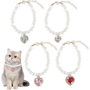 4pcs Pearl Dog Collar Adjustable Pearl Cat Necklace with Small Heart Shape Rhinestone Wedding Party Pet Collars Jewellery Accessories for Dogs and Cats