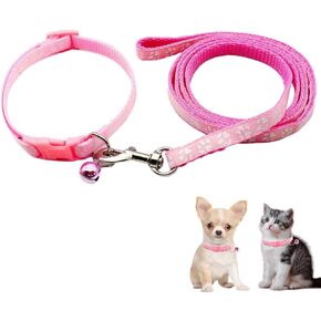 XXS Dog Collar with Bell Leash Set, Nylon Paw Print Cat Collar and Leash Adjustable Buckle for Xs XSmall Small Puppy Dogs Girl Kitten Yorkie Chihuahua X-Small,Pale Purple