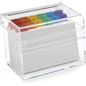 Clear Acrylic Index Box | Small | A to Z Divider Tabs | 100 Lined Note Sheets Included (5" X 3") | Ruled Revision Flash Cards | Recipe Notes | Contacts Filing | Fits 127 x 76 mm
