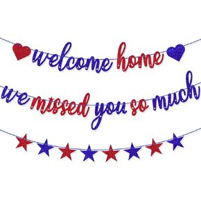 Welcome Home We Missed You So Much Banner for Military Army Returning, Patriotic Homecoming Party Decorations, Red Blue