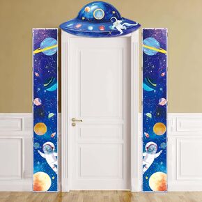 3Pcs Outer Space Porch Sign Banner Astronaut Rocket Theme Party Decorations Space Hanging Door Banner Planet Door Decoration Space Party Decor for Classroom Bedroom