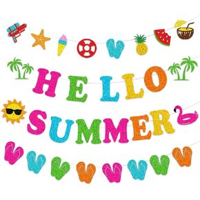 Glitter Hello Summer Banner, Colorful Summers Party Banner for Hello Summer Party Decorations Supplies