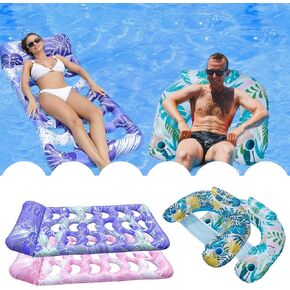 4-Pack Inflatable Pool Floats for Adults: 2 Straight + 2 Floating Chairs Lounge Chairs with Headrests | Heavy Duty Floating Rafts for Swimming Pool, Lake, Beach | Sun Tanning, Summer Water Party
