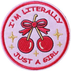 I'm Literally Just A Girl Pink Cherry Bow Embroidered Applique Emblem Patch - 3" Hook and Loop Funny Morale Badge for Helmets Gym Bags Jeans Backpacks Clothing Jackets Military Meme DIY Girly Gifts
