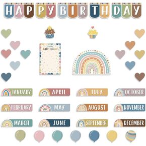 78 Items Boho Decor - Rainbow Birthday Board for Classroom Decorations Announcement Board Calendar Announcement Board Decor Wall Decor Paper Cutting for School Classroom Calendar Birthday Border.