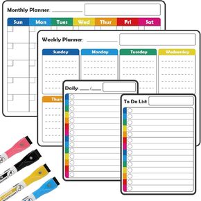 4+4Pcs Non-Magnetic Dry Erase Calendar Set with 4 Colored Marker Pens, Pletpet White Board Calendar Dry Erase for Non Magnetic Fridge, Smooth Wall and Glass