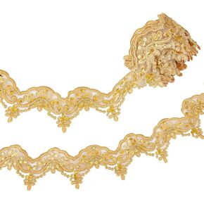 AHANDMAKER 5 Yards Gold Beaded Lace Trim, 3.4 Inch Wide Sequins Fabric Ribbon Glitter Mesh Fringe Sequin Lace Mesh Trim for Sewing Crafts Clothes Accessories Home DIY Decoration