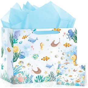 Sea Animals Party Supplies Ocean Animals Gift Bag with Wrapping Paper and Card Blue Under the Sea Wrapping Paper Bag with Handle Ocean Theme Party Decorations for Boy Girl Baby Shower 1st Birthday