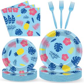 96Pcs Cartoon Party Supplies Hawaii Plates Napkins Hawaiian Hibiscus Floral Paper Dinnerware Set Disposable Tropical Tableware set for Boys Girls Birthday Summer Animation Themed Party Decorations