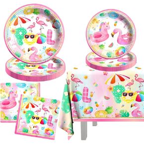 61pcs Pool Party Decorations Supplies Swimming Pool Party Tableware Pink Pool Party Plates and Napkins Summer Hawaiian Beach Birthday Favors for Kids Girls Baby Shower