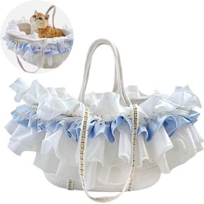 Princess Pet Carrying Bag Dog Cat Carrier Purse Small Puppy Travel Portable Bag Handmade Crochet Detachable Lace & Pearl Trim (Blue & White, One Size)
