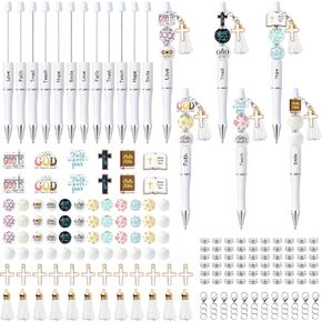 Cnhoqc 170pcs مجموعة قلم قابلة للخرز ديني ، مجموعة من 12 قلمًا قابلاً للخرز من البلاستيك ، لا يزال الله يكتب قصتك الخشبية ، قلادة متقاطعة ، حبة فاصل كريستال ، مستلزمات School School VBS للأطفال