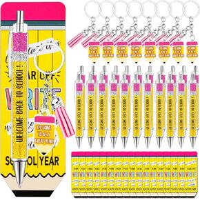24 Set Back to School Student Gifts Bulk Ballpoint Pens Keychains and Greeting Cards Set First Day of School Gifts for Teacher Classroom Rewards Party Favors