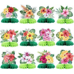 12Pcs Hawaii Luau Honeycomb Centerpieces Summer Party Decor Tropical Honeycomb Centerpieces Table Toppers Palm Leaves Flowers Table Decorations for Hawaii Aloha Birthday Party Supplies Favors