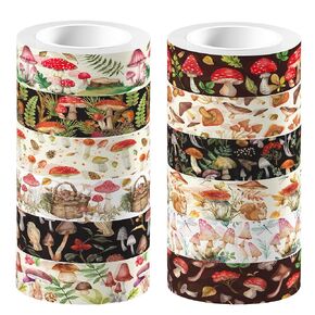 12 Pcs Mushroom Washi Tape White and Black Halloween Masking Tape Ghosts Pumpkins Bats Pattern Decorative Paper Sticker for Halloween Party Holiday Scrapbook DIY Craft Gift Wrapping Handbook Sticker
