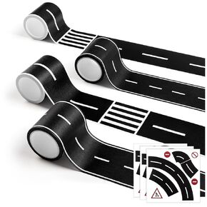 HFKPJRT Removable Toy Car Road Tape Stickers for Kids, 4 Rolls Roadway Tape with Curves, Black Residue Free Road Car Track Tape for Kids Birthday Party Racing Party Decoration, 2 Inch Wide 65 FT Long