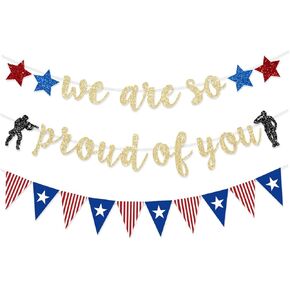 Military Going Away Party Decorations for Gold Glitter We are So Proud of You Banner American Flag Patriotic Soldier for 4th of July Veterans Day Memorial Day Themed Welcome Home