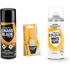 Citadel Bundle: Chaos Black and White Scar Spray Paint with Citadel Plastic Glue