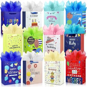 MUMULULU 12 Pack Birthday Gift Bags with Ribbon Handle and Tissue Paper Funny Happy birthday Gift Bags for Birthday Gift Wrapping Presents