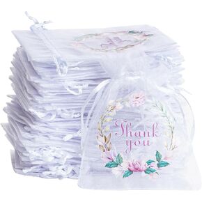 50 Pcs Organza Bags Thank You Printed Satin Drawstring Organza Pouch Candy Bags Wedding Party Favor Gift Bag Jewelry Pouch (White, 4×4.8 Inch)