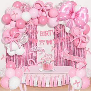 Ouddy Life Pink Bow Birthday Decorations, Coquette Themed Party Supplies with Light Pearl Pink White Confetti Long Balloons Happy Birthday Banner Paper Tassel Cake Toppers for Women Girls Baby Shower