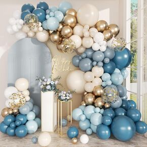 PEASUG 168Pcs Dusty Blue Balloon Arch Garland Kit, Slate Fog Baby Blue Sand White Confetti Metallic Gold Balloons for Boy Girl Baby Shower Birthday Bridal Gender Reveal Party Decorations Supplies