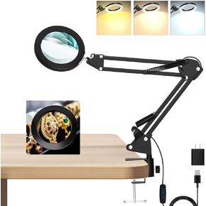 10X Magnifying Glass with Light and Clamp, Hands Free Magnifier with Lights, 3 Color Modes LED Dimmable Magnifiers Desk Lamp for Close Work Crafts Hobby Reading Painting Repair