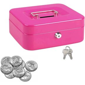 Mini Cash Box with Lock,Small Safe Money Bank,Locking Steel Cash Coin Can for Kids,Caja Fuerte para Dinero,4.53 x 3.35 x 2.28 inches(Pink)