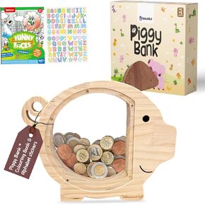 TEAMKO®︎ Wooden Piggy Bank for Kids + Coloring Book & Stickers | Customizables Kids Piggy Bank for Boys and Girls | Eco-Friendly Gift with Ready-to-Give Piggy Banks Packaging (Wood Color)