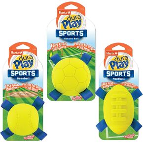 Hartz New Dura Play Sports Ball Variety Dog Toy, Bacon Scented Squeaky Latex Yellow & Blue Toy, 3 Count