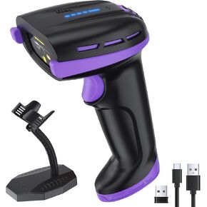 Tera Pro Barcode Scanner with Power Switch Battery Level Indicator 4400mAh Replaceable Battery Wall Mountable Stand 1D 2D QR Works with Bluetooth 2.4G Wireless USB Wired Bar Code Reader D6100 Purple