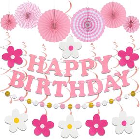 Pre-Strung Pink Birthday Decorations, No DIY Happy Birthday Banner with Felt Daisy Flower, Paper Fans, Hanging Swirls and Garland, Pastel Happy Birthday Sign for Women, Girls and Kids